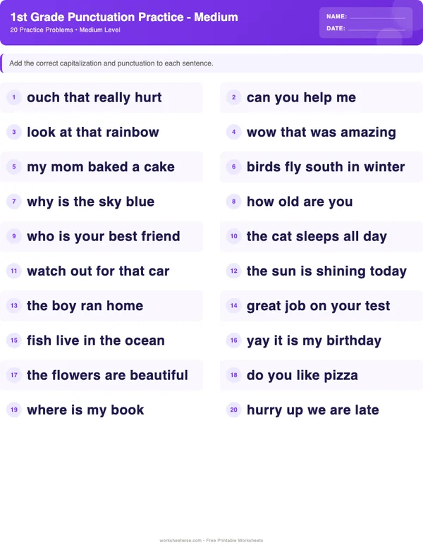 1st Grade Punctuation Worksheets - Space Theme (Medium)