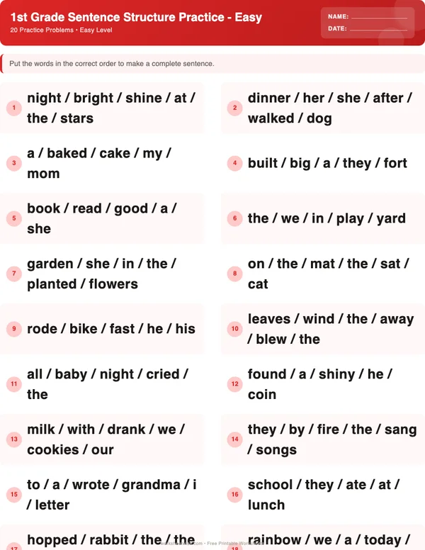 1st Grade Sentence Structure Worksheets - Christmas Theme (Easy)