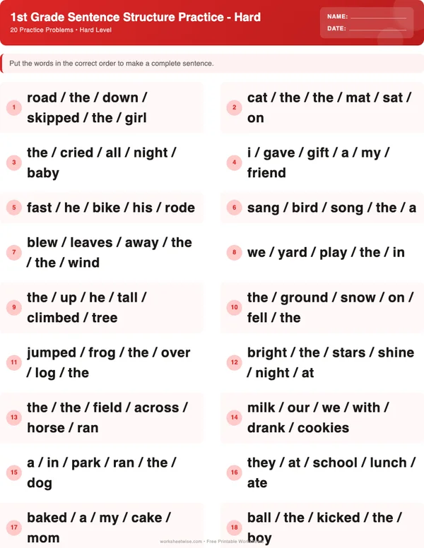 1st Grade Sentence Structure Worksheets - Christmas Theme (Hard)