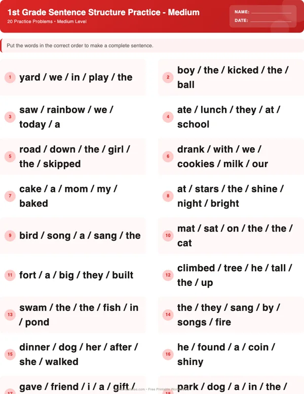 1st Grade Sentence Structure Worksheets - Christmas Theme (Medium)