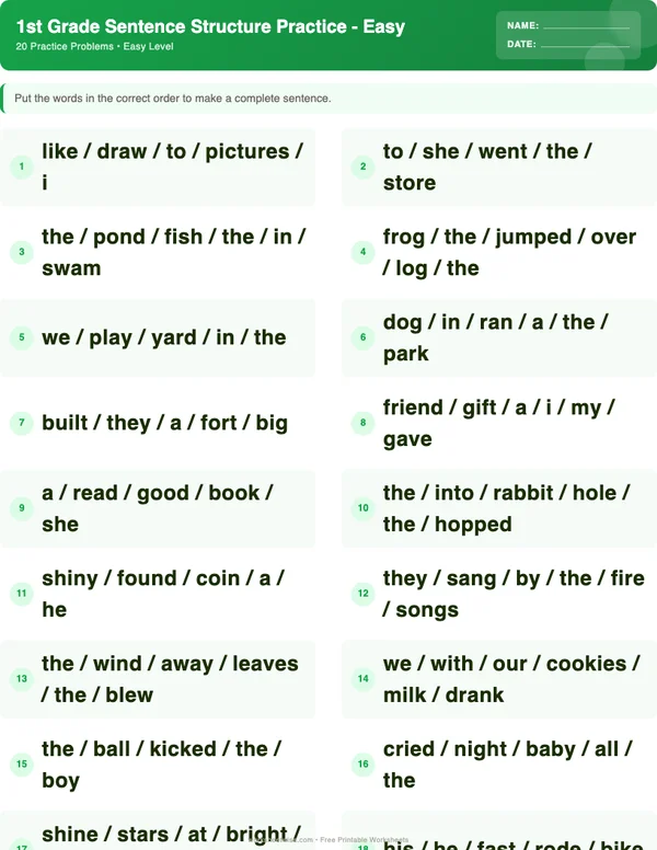 1st Grade Sentence Structure Worksheets - Dinosaur Theme (Easy)