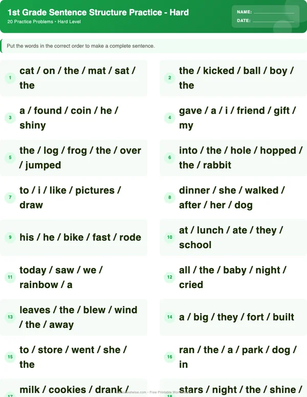 1st Grade Sentence Structure Worksheets - Dinosaur Theme (Hard)