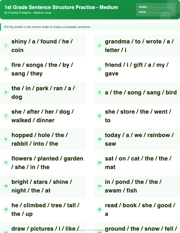 1st Grade Sentence Structure Worksheets - Dinosaur Theme (Medium)