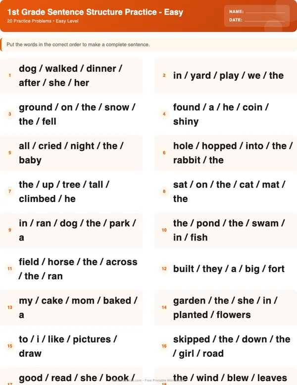 1st Grade Sentence Structure Worksheets - Halloween Theme (Easy)