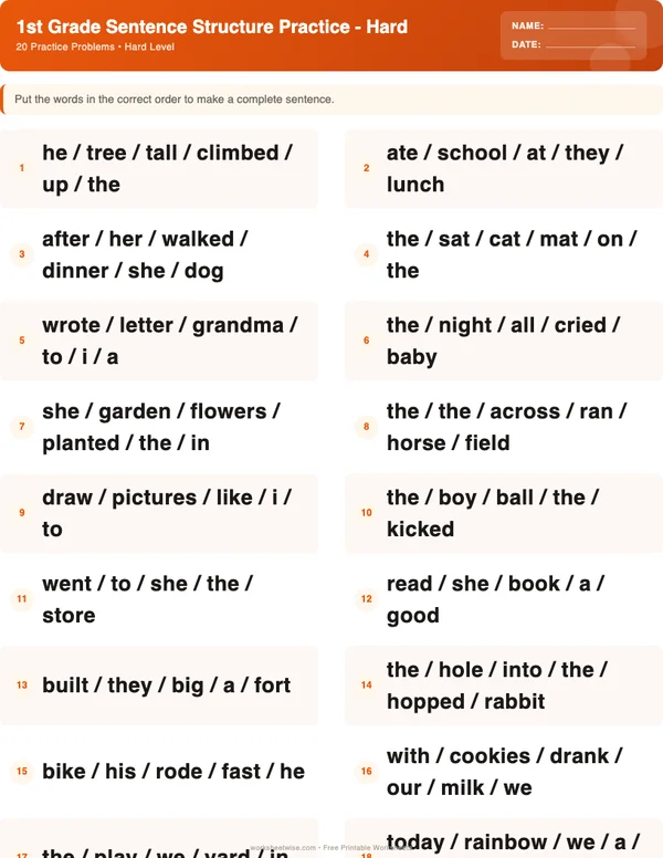 1st Grade Sentence Structure Worksheets - Halloween Theme (Hard)