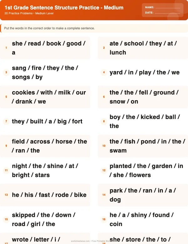 1st Grade Sentence Structure Worksheets - Halloween Theme (Medium)
