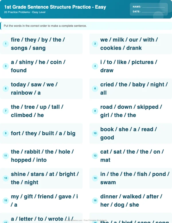 1st Grade Sentence Structure Worksheets - Ocean Theme (Easy)