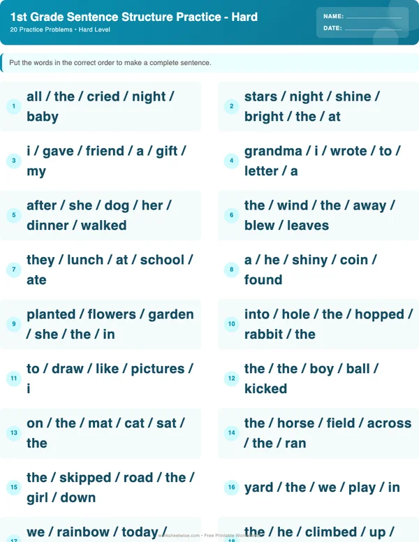 1st Grade Sentence Structure Worksheets - Ocean Theme (Hard)