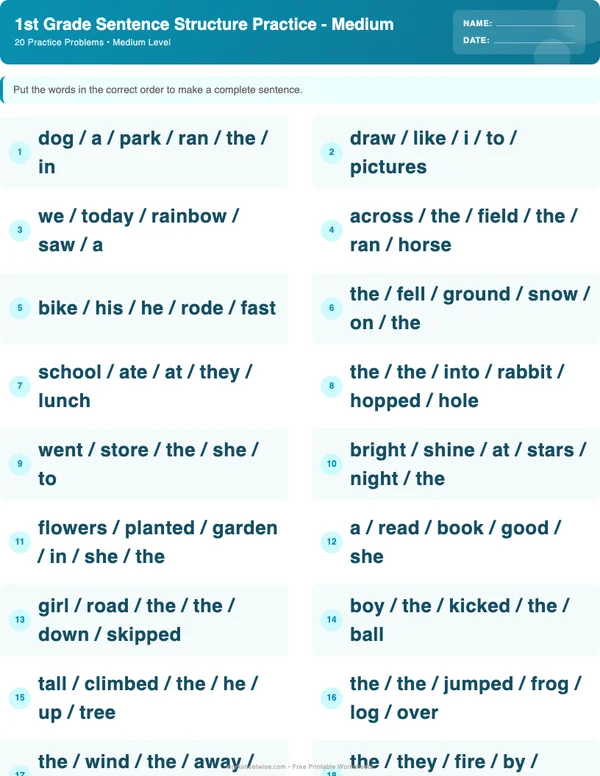1st Grade Sentence Structure Worksheets - Ocean Theme (Medium)