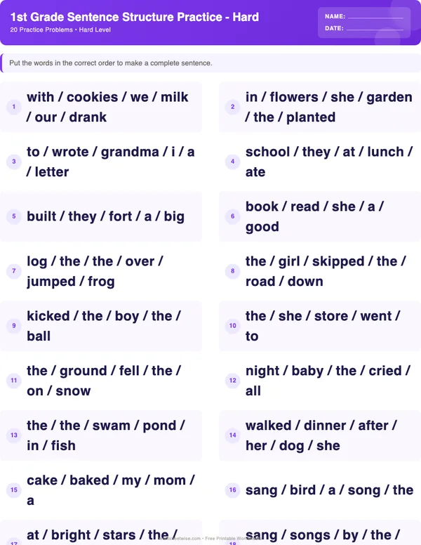 1st Grade Sentence Structure Worksheets - Space Theme (Hard)