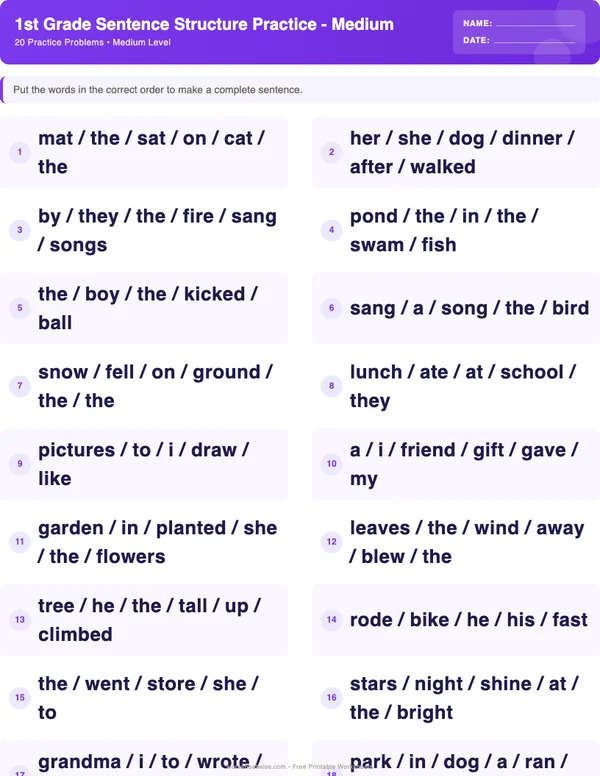 1st Grade Sentence Structure Worksheets - Space Theme (Medium)