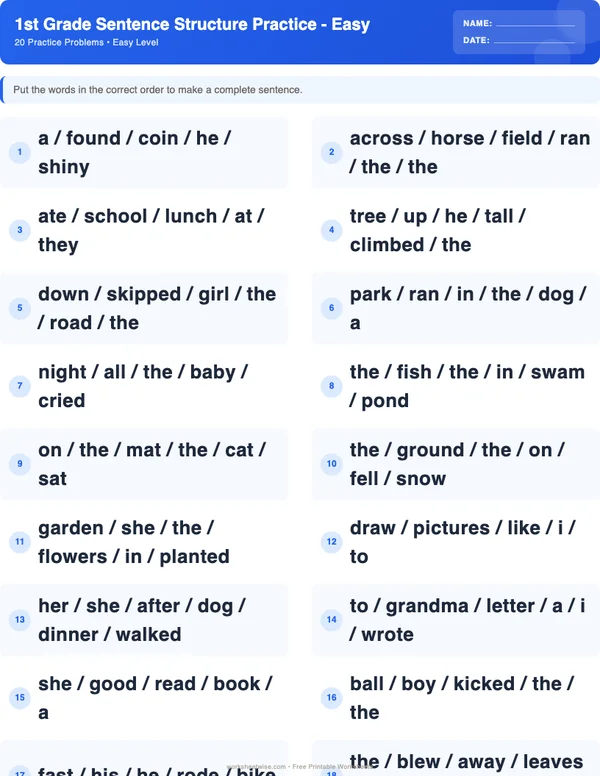 1st Grade Sentence Structure Worksheets - Standard Theme (Easy)