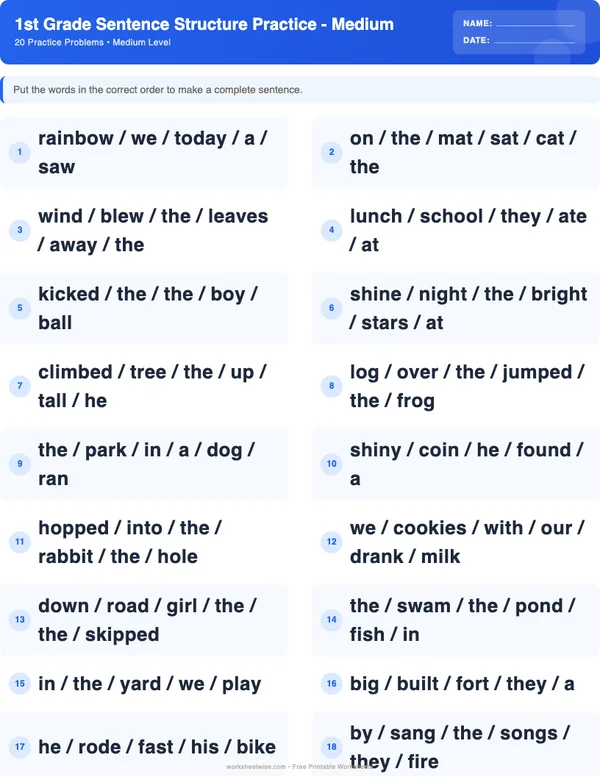 1st Grade Sentence Structure Worksheets - Standard Theme (Medium)