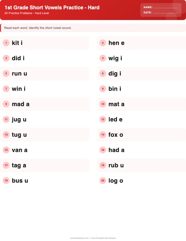 1st Grade Short Vowels Worksheets - Christmas Theme (Hard)