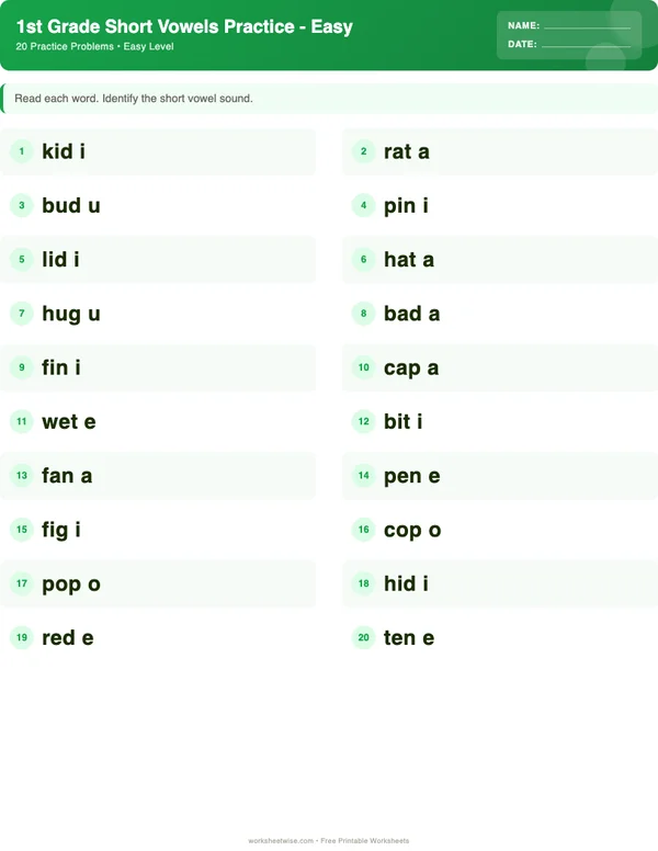 1st Grade Short Vowels Worksheets - Dinosaur Theme (Easy)