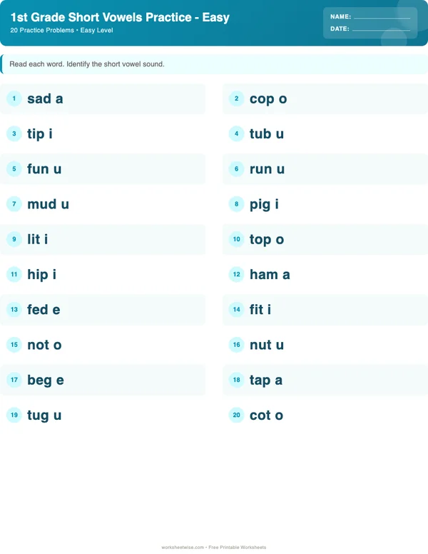 1st Grade Short Vowels Worksheets - Ocean Theme (Easy)