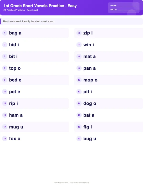 1st Grade Short Vowels Worksheets - Space Theme (Easy)