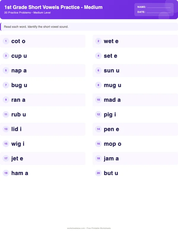 1st Grade Short Vowels Worksheets - Space Theme (Medium)