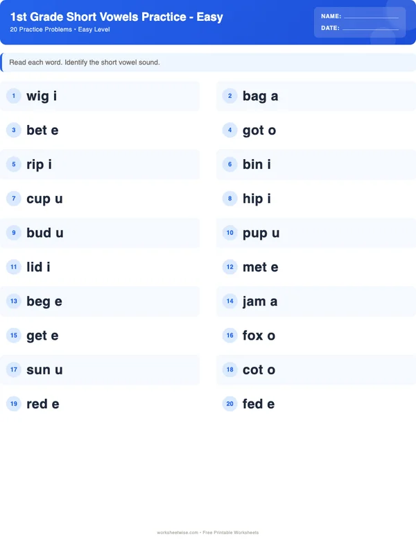 1st Grade Short Vowels Worksheets - Standard Theme (Easy)
