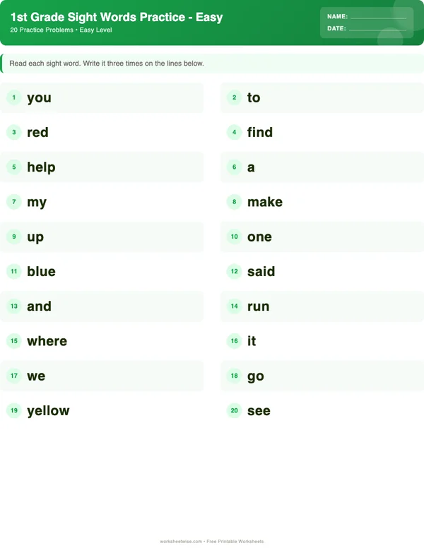 1st Grade Sight Words Worksheets - Dinosaur Theme (Easy)