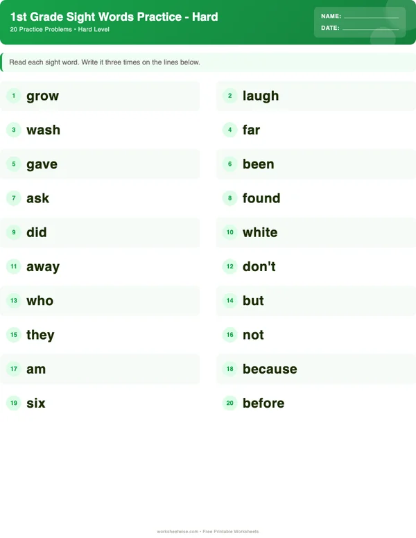 1st Grade Sight Words Worksheets - Dinosaur Theme (Hard)