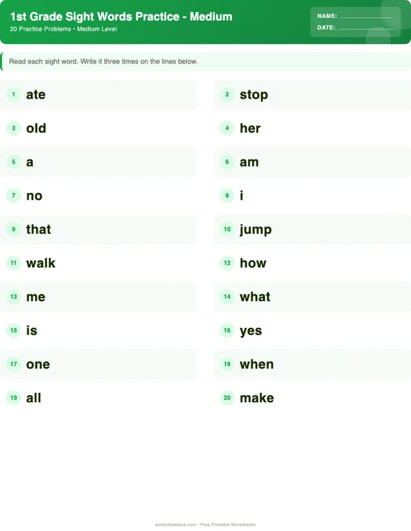 1st Grade Sight Words Worksheets - Dinosaur Theme (Medium)
