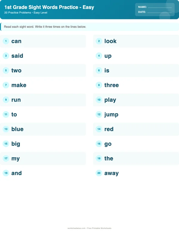 1st Grade Sight Words Worksheets - Ocean Theme (Easy)