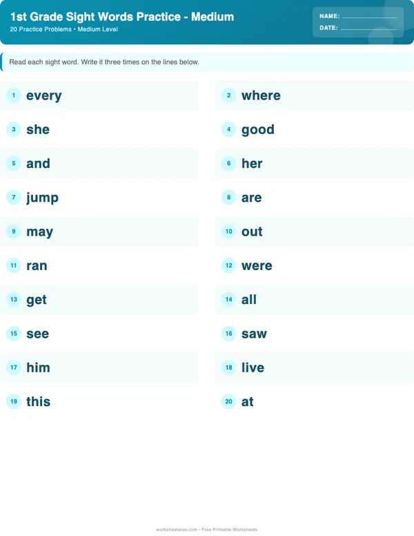 1st Grade Sight Words Worksheets - Ocean Theme (Medium)