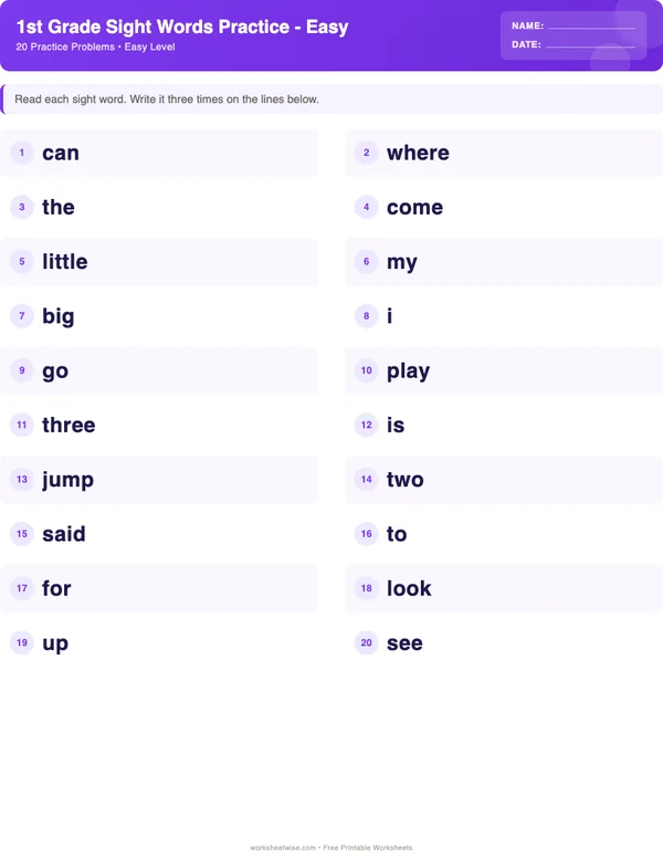 1st Grade Sight Words Worksheets - Space Theme (Easy)
