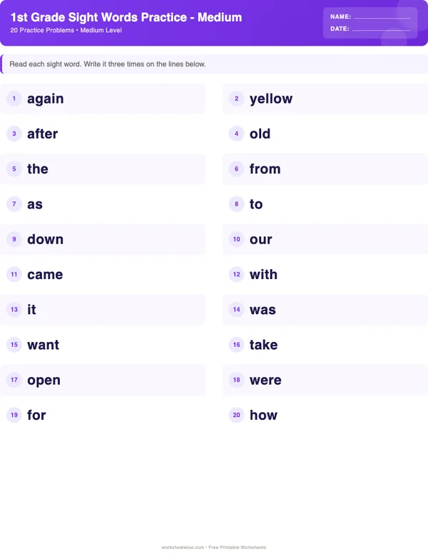 1st Grade Sight Words Worksheets - Space Theme (Medium)