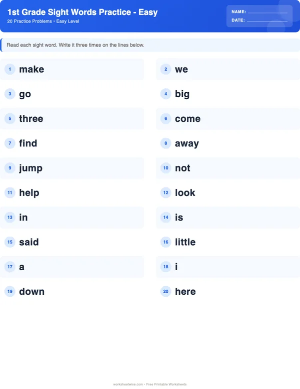 1st Grade Sight Words Worksheets - Standard Theme (Easy)