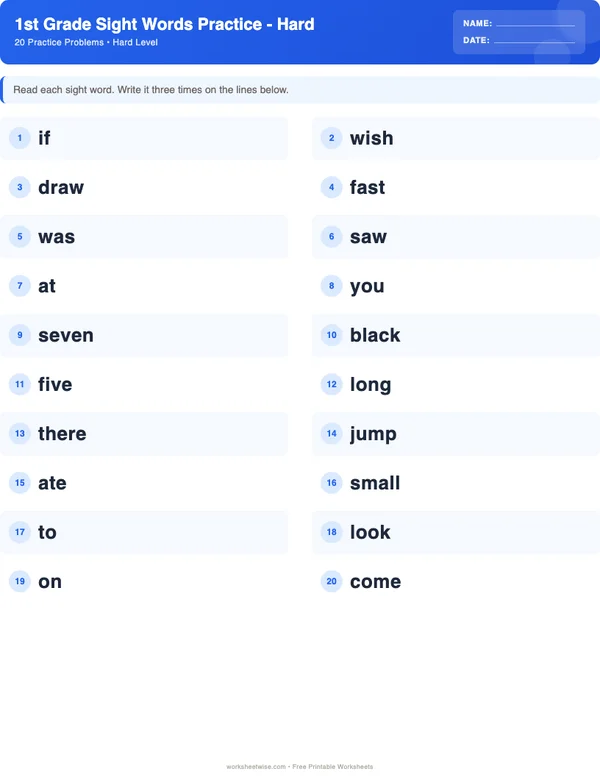 1st Grade Sight Words Worksheets - Standard Theme (Hard)