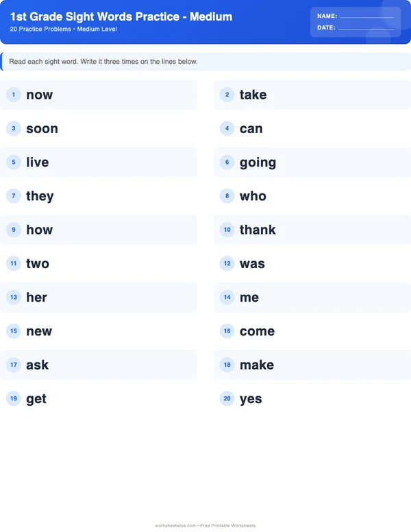 1st Grade Sight Words Worksheets - Standard Theme (Medium)