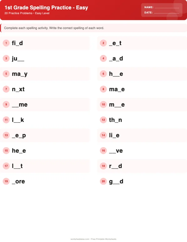 1st Grade Spelling Words Worksheets - Christmas Theme (Easy)