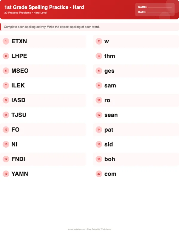 1st Grade Spelling Words Worksheets - Christmas Theme (Hard)