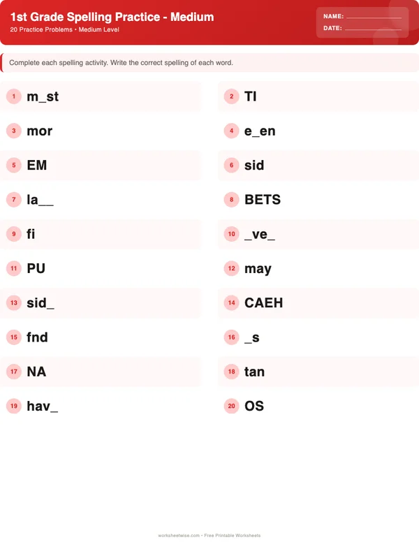 1st Grade Spelling Words Worksheets - Christmas Theme (Medium)