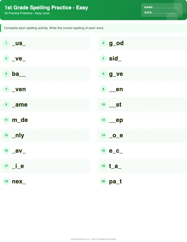 1st Grade Spelling Words Worksheets - Dinosaur Theme (Easy)