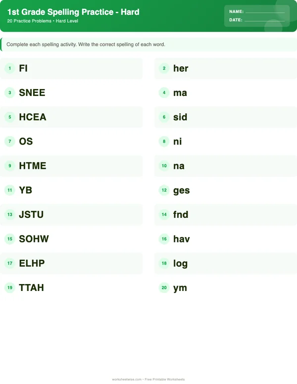 1st Grade Spelling Words Worksheets - Dinosaur Theme (Hard)