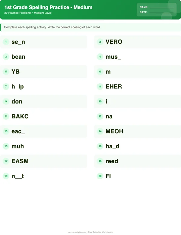 1st Grade Spelling Words Worksheets - Dinosaur Theme (Medium)
