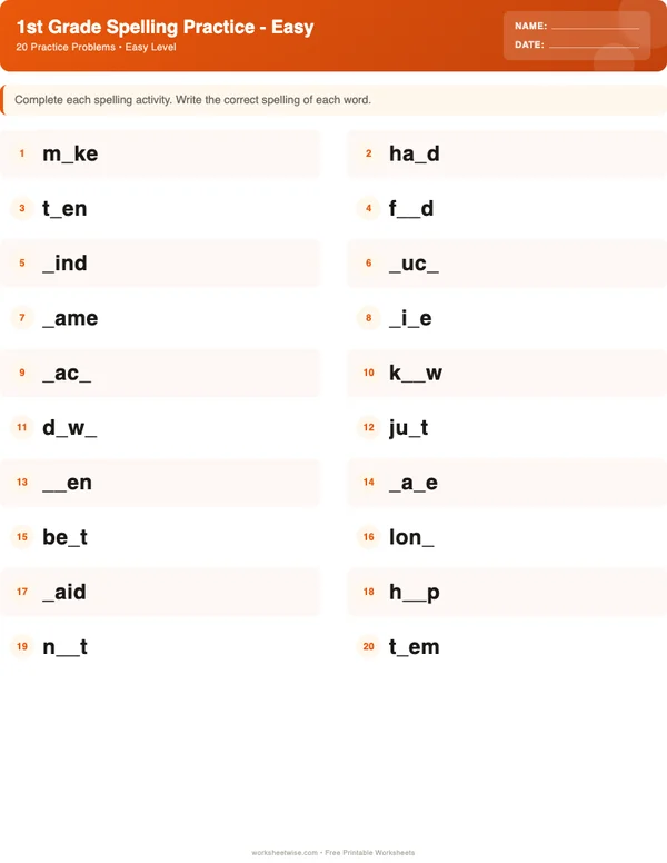 1st Grade Spelling Words Worksheets - Halloween Theme (Easy)