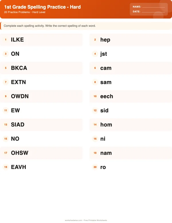 1st Grade Spelling Words Worksheets - Halloween Theme (Hard)