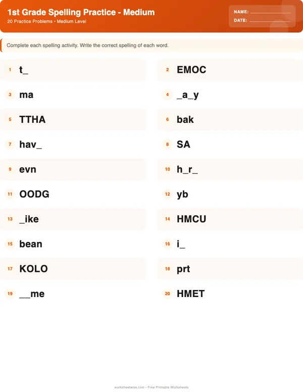 1st Grade Spelling Words Worksheets - Halloween Theme (Medium)