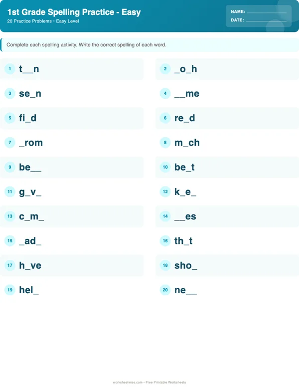 1st Grade Spelling Words Worksheets - Ocean Theme (Easy)