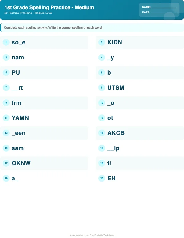 1st Grade Spelling Words Worksheets - Ocean Theme (Medium)