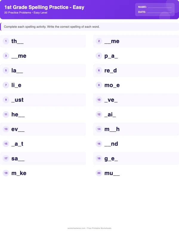 1st Grade Spelling Words Worksheets - Space Theme (Easy)