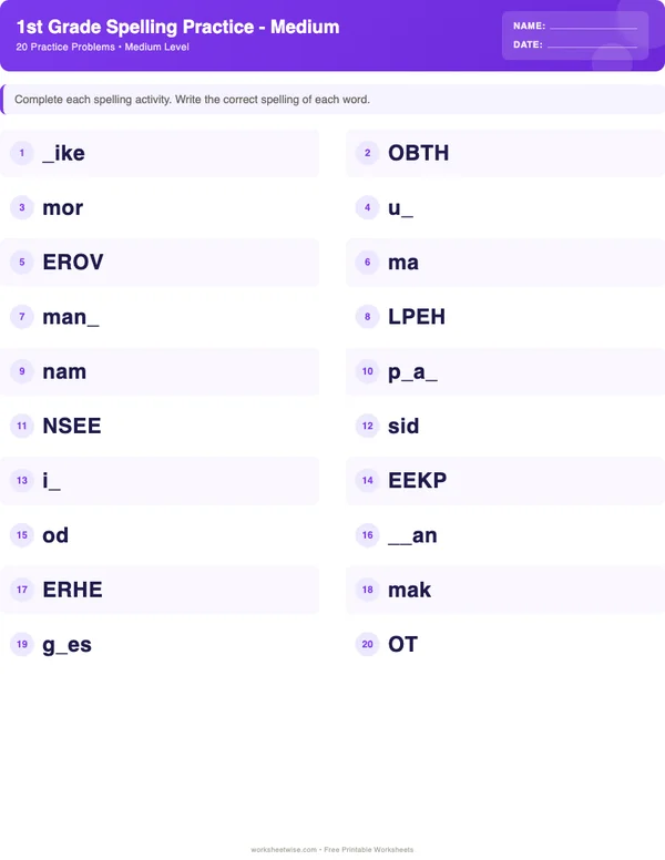 1st Grade Spelling Words Worksheets - Space Theme (Medium)