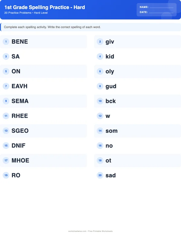1st Grade Spelling Words Worksheets - Standard Theme (Hard)