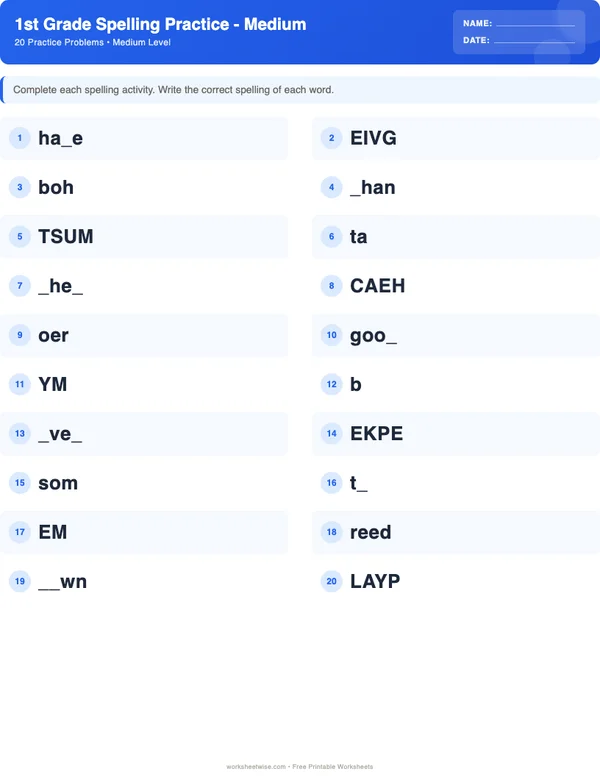 1st Grade Spelling Words Worksheets - Standard Theme (Medium)
