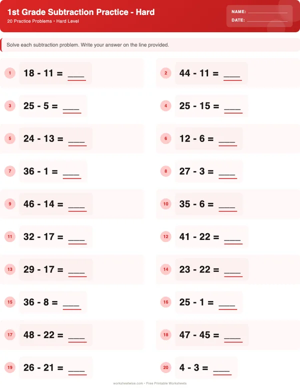 1st Grade Subtraction Worksheets - Christmas Theme (Hard)
