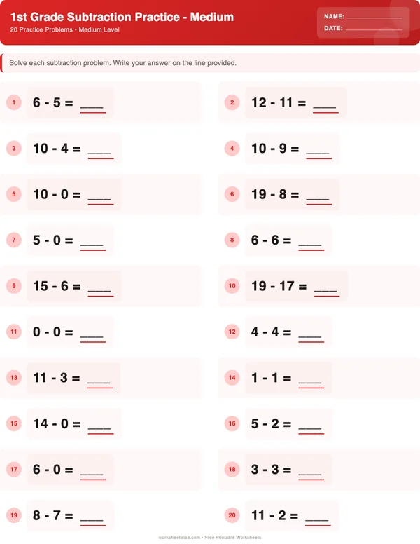 1st Grade Subtraction Worksheets - Christmas Theme (Medium)